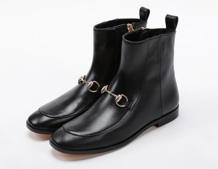 womens black leather booties flat heel