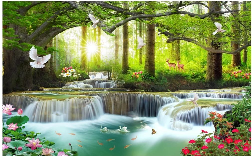 3d mural beautiful scenery wallpapers green big tree forest waterfall  landscape wallpapers background wall