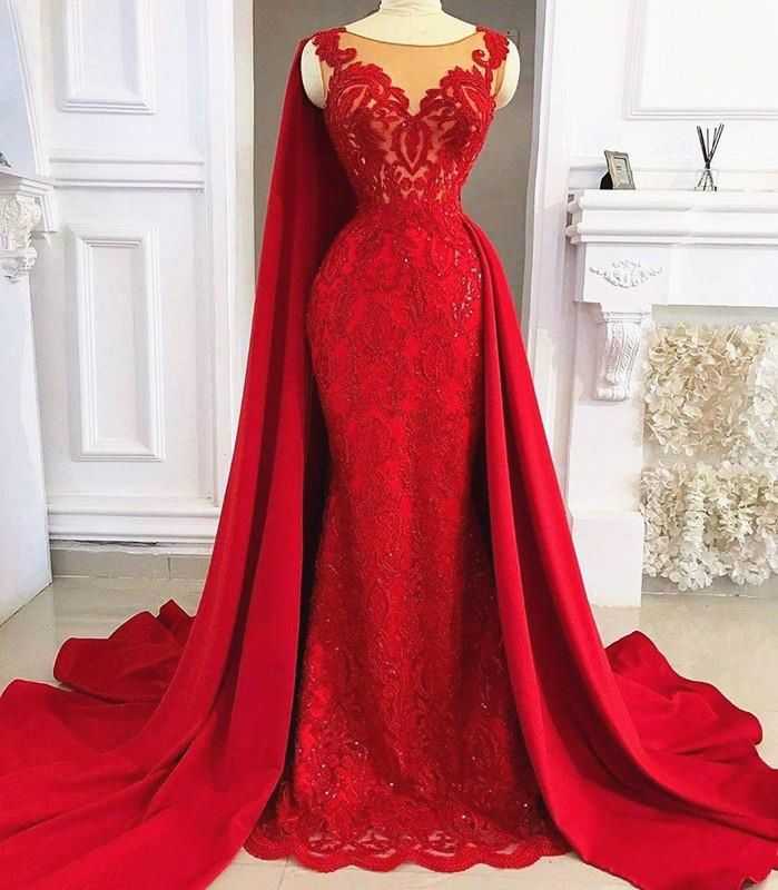 Shiny Red Lace Evening Dress With Cape ...