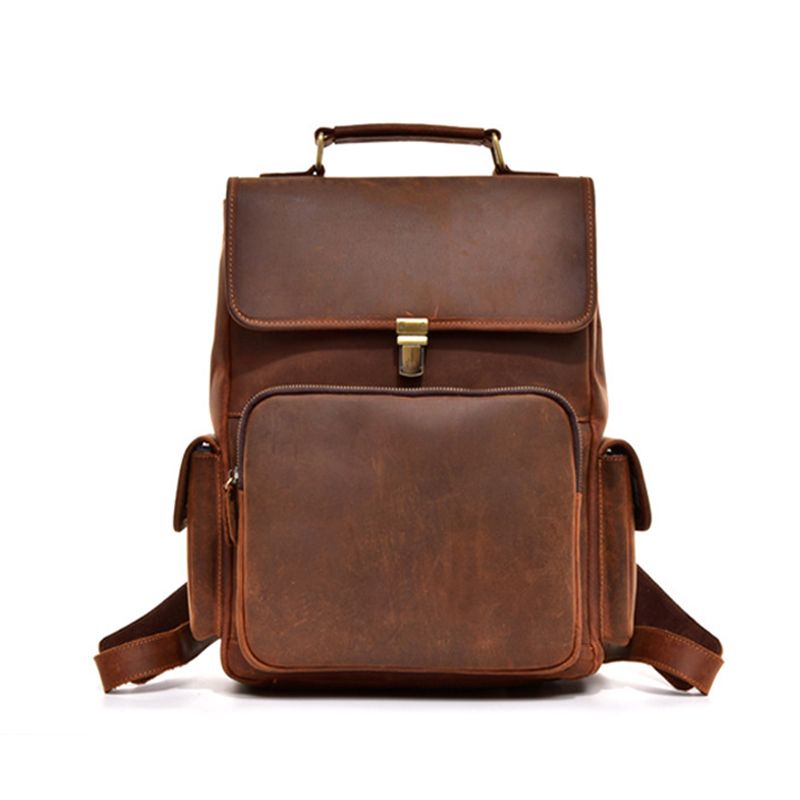 Men's Leather Backpack Retro Leather Backpack 14 inch Laptop Bag-Brown 