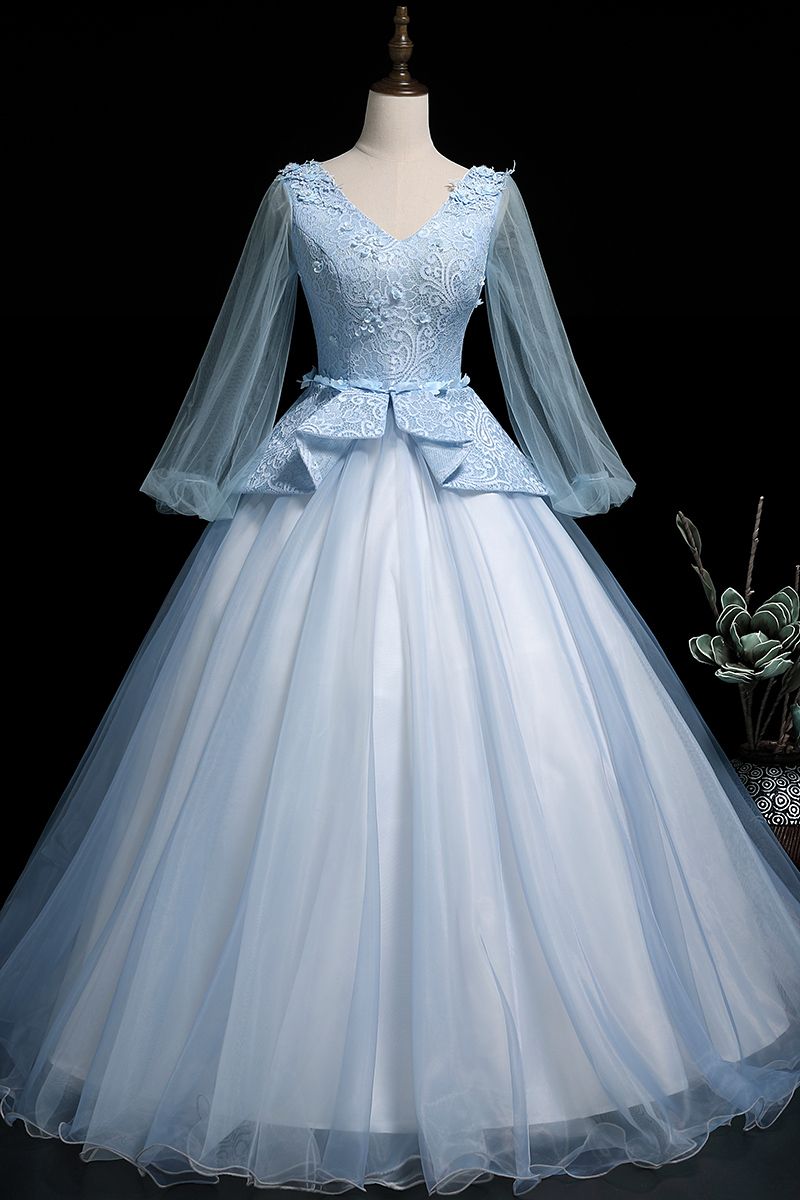 100%real Light Blue V Neck Long Sleeve Medieval Renaissance Ball Gown Sissi Princess ...