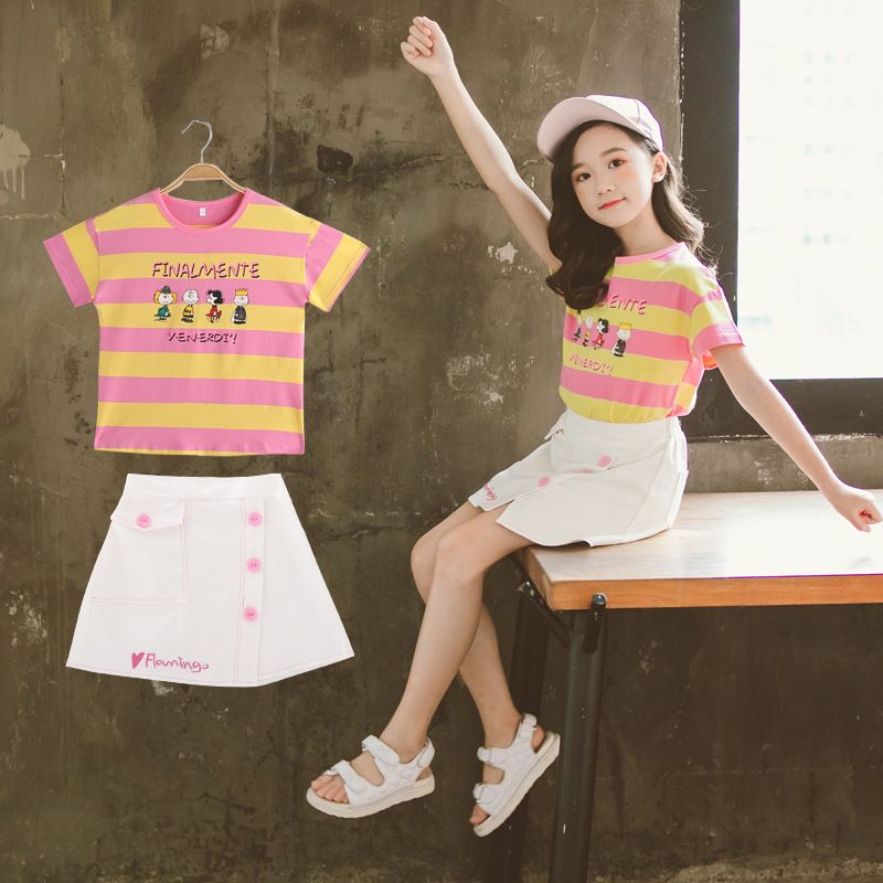 Girls Clothing 2 Pcs Round Neck Short Sleeve Print T Shirt/&Skirt Outfit Set