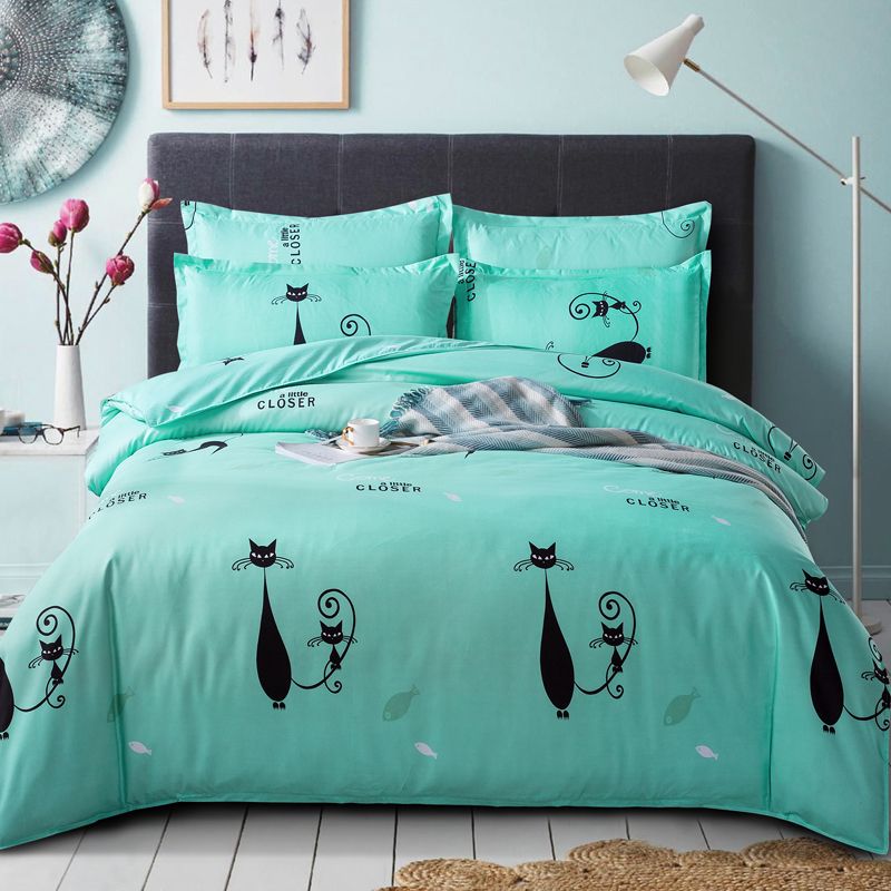 Luxury Comforter Bedding Set Cartoon Green Cat Duvet Cover Set