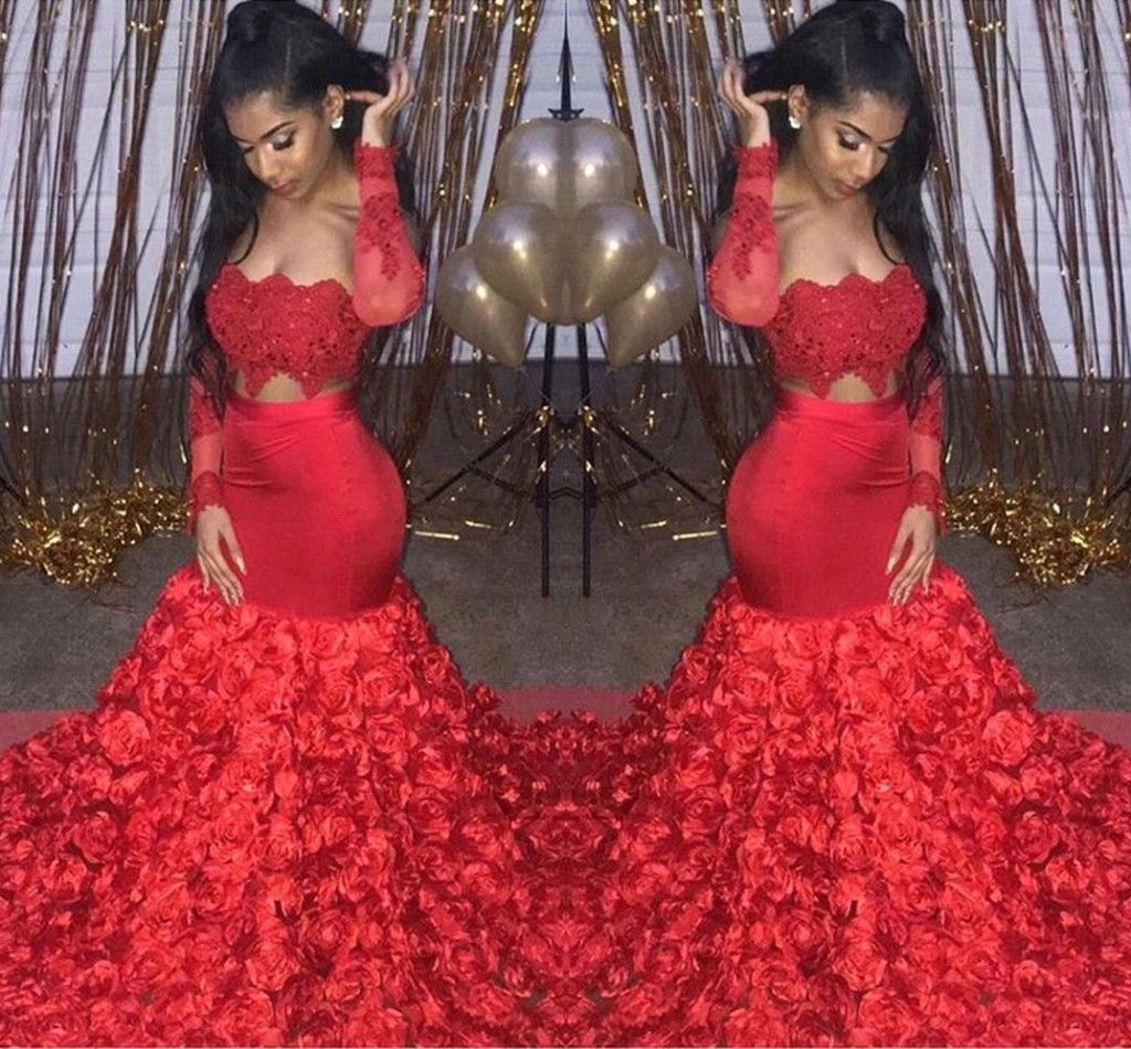 red prom dress with roses at the bottom