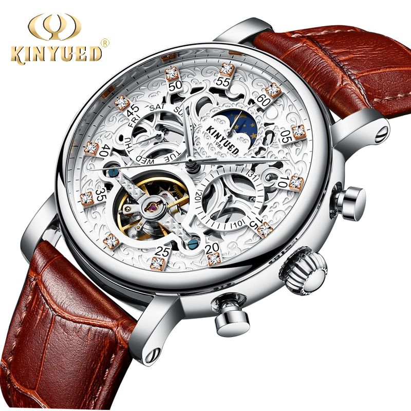 Isla de Alcatraz Espejismo obvio Kinyued Skeleton Reloj automático Hombres Sun Moon Fase Impermeable Hombre  Tourbillon Relojes Mecánicos Top Marca Luxury