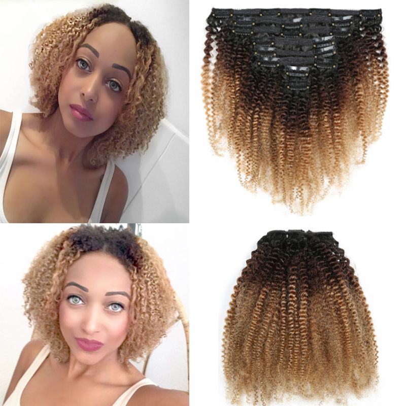 T1b 4 27 Ombre Clip In Human Hair Extensions Colored Afro Kinky