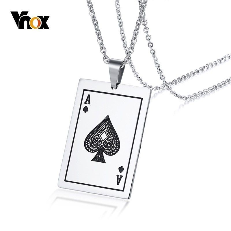 Wholesale Vnox Lucky Ace Of Spades Mens Necklace Silver Tone Poker