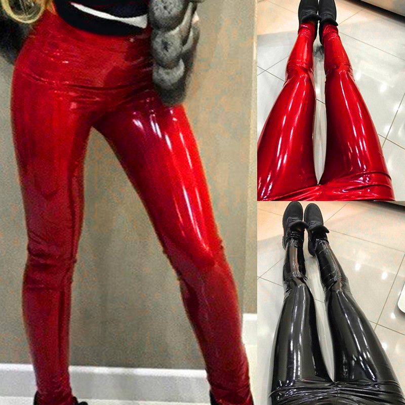 red shiny leather pants