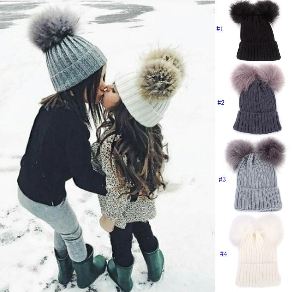 Winter Autumn Women Kids Babys Family Warm Knitted Beanies Cap Hat with Fur Ball