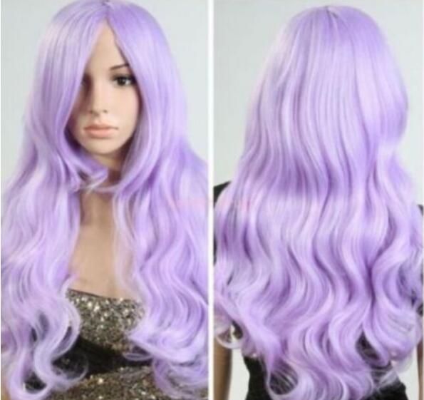 Women Light Purple Hair Long Wavy Cosplay Party Full Wig Dyeing