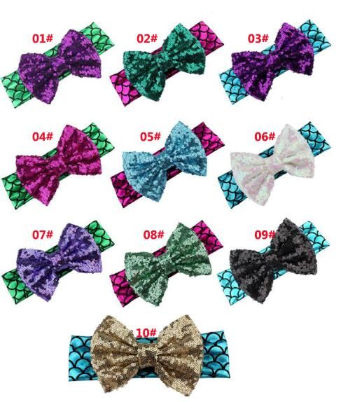 EE/_ Baby Girls Metallic Mermaid Scale Big Bow Headband Hair Band Elastic Headwea