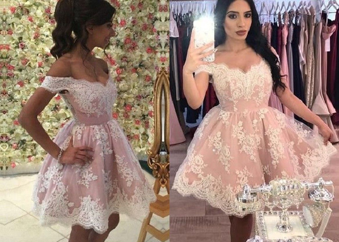 pink and white lace prom dress