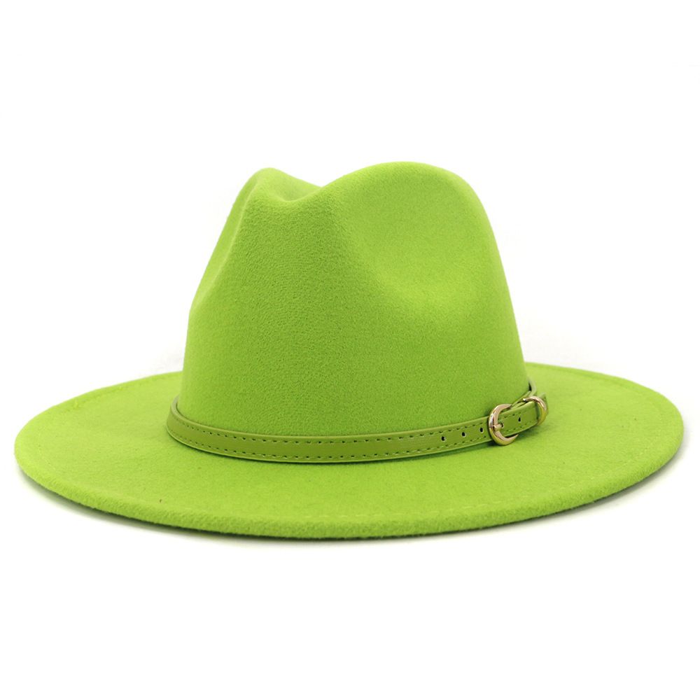 Lime Green Wool Felt Green Wide Brim Fedora With Belt Buckle Decoration