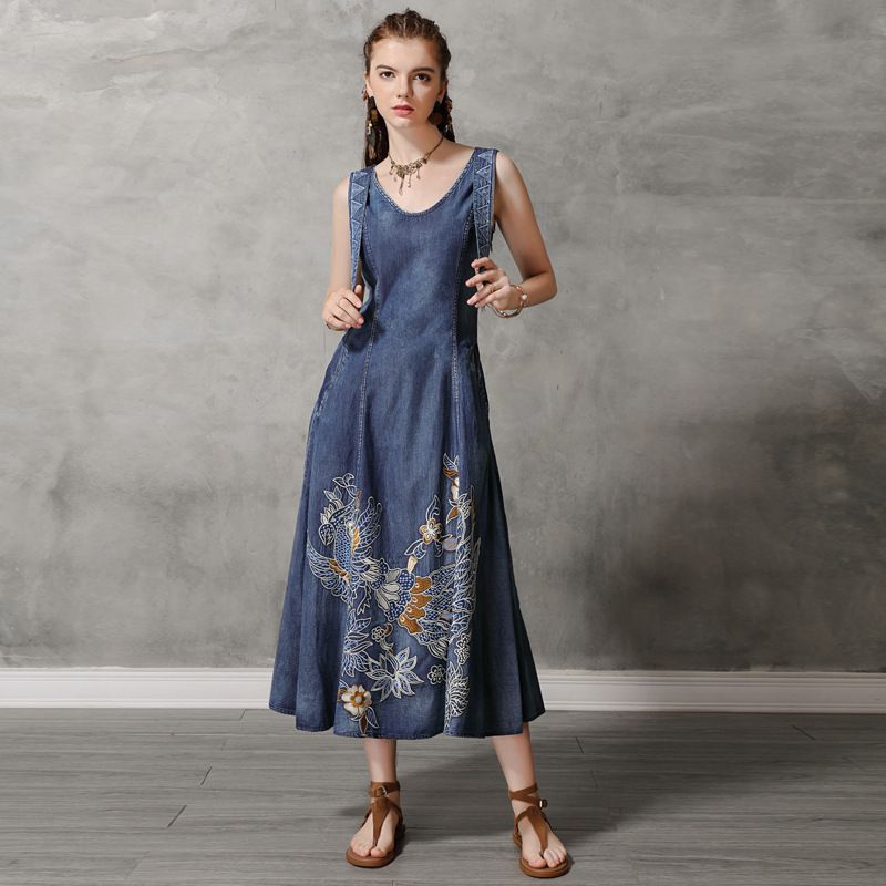 Compre 2019 Verão Novo Denim Colete Vestido Vintage Bordado Saia Longa Cheongsam Gola Manga Longa Vestido Retro Tamanho S XL De Dfbeauty, $275,31 | Pt.Dhgate.Com