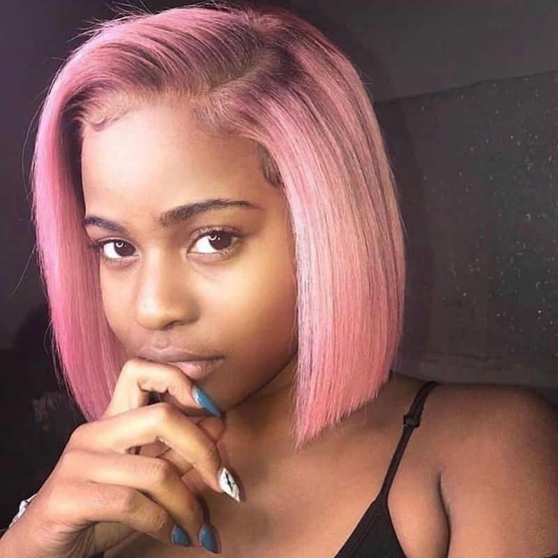 Pink Lace Front Human Hair Wigs Straight Short Bob Wigs 150