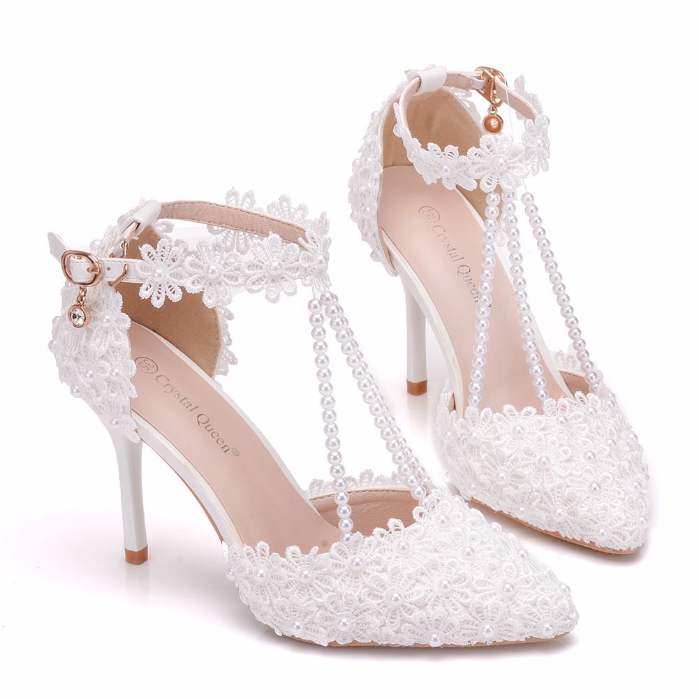 Centelleo triple Enciclopedia 2019 New Style Pearl Blanco Lace Zapatos de boda con sandalias cónicas  Comercio Tacones altos Lado