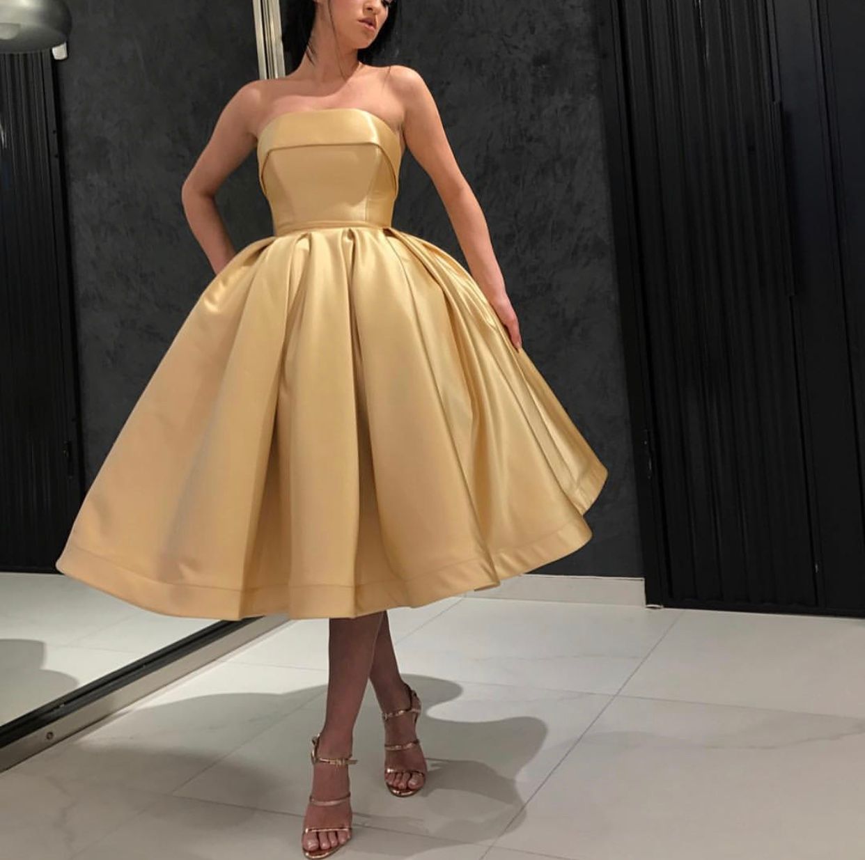 gold tea length bridesmaid dresses