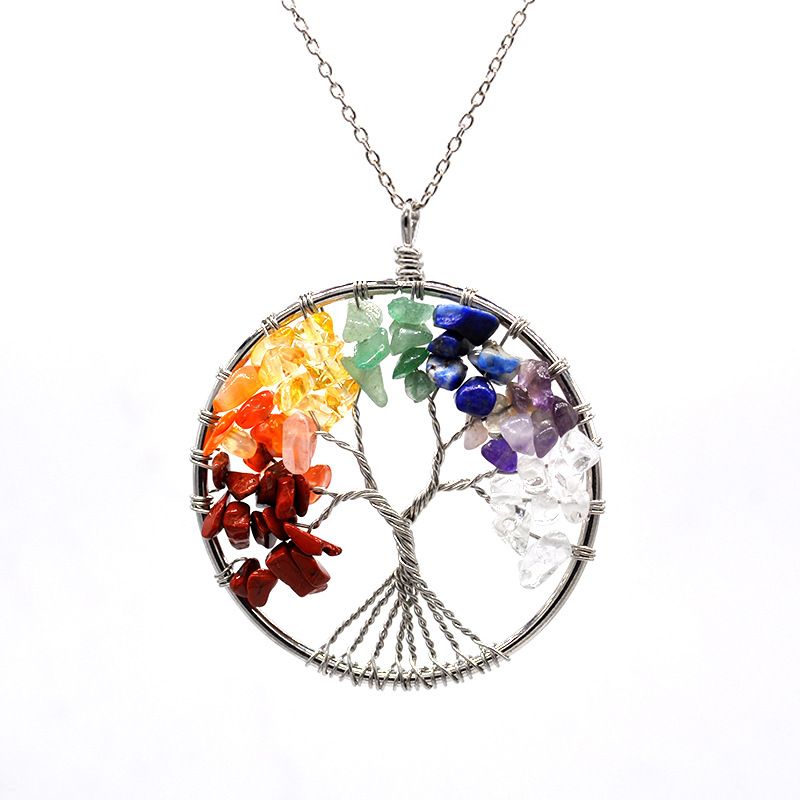 7 Chakra Healing Tree Of Life Pendant Necklace Crystal Natural Stone Necklace QX 