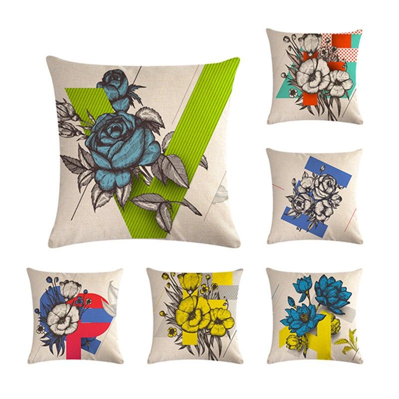 18/" Linen Flowers Letters Pillow Case Sofa Waist Throw Cushion Cover Home Decor.