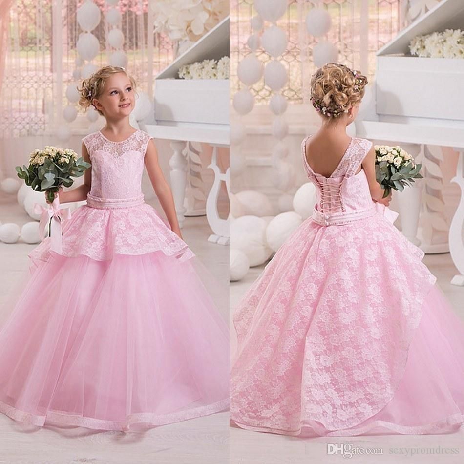 V-Back Pink Flower Girl Dress Princess Bridesmaid Party Ball Gown Formal Pageant