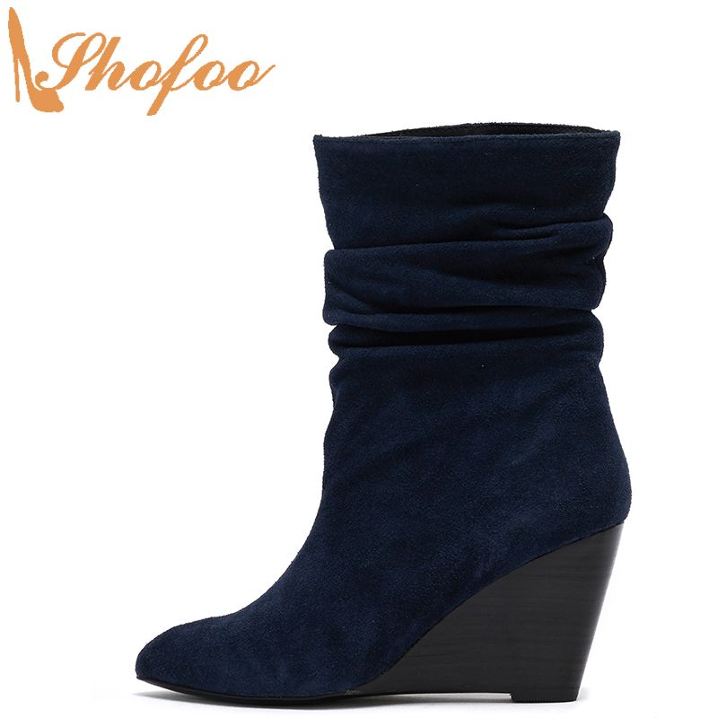 navy blue wedge boots