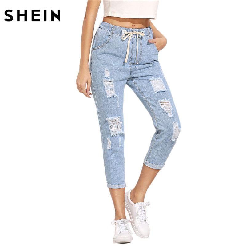 Acquistare Shein Donne Pantaloni Estivi Pantaloni Casual Signore Blu  Strappato A Metà Cintura Con Coulisse Skinny Denim Lunghezza Vitello Jeans  LY191116 Economico | Consegna Veloce E Qualità | DHgate Italy
