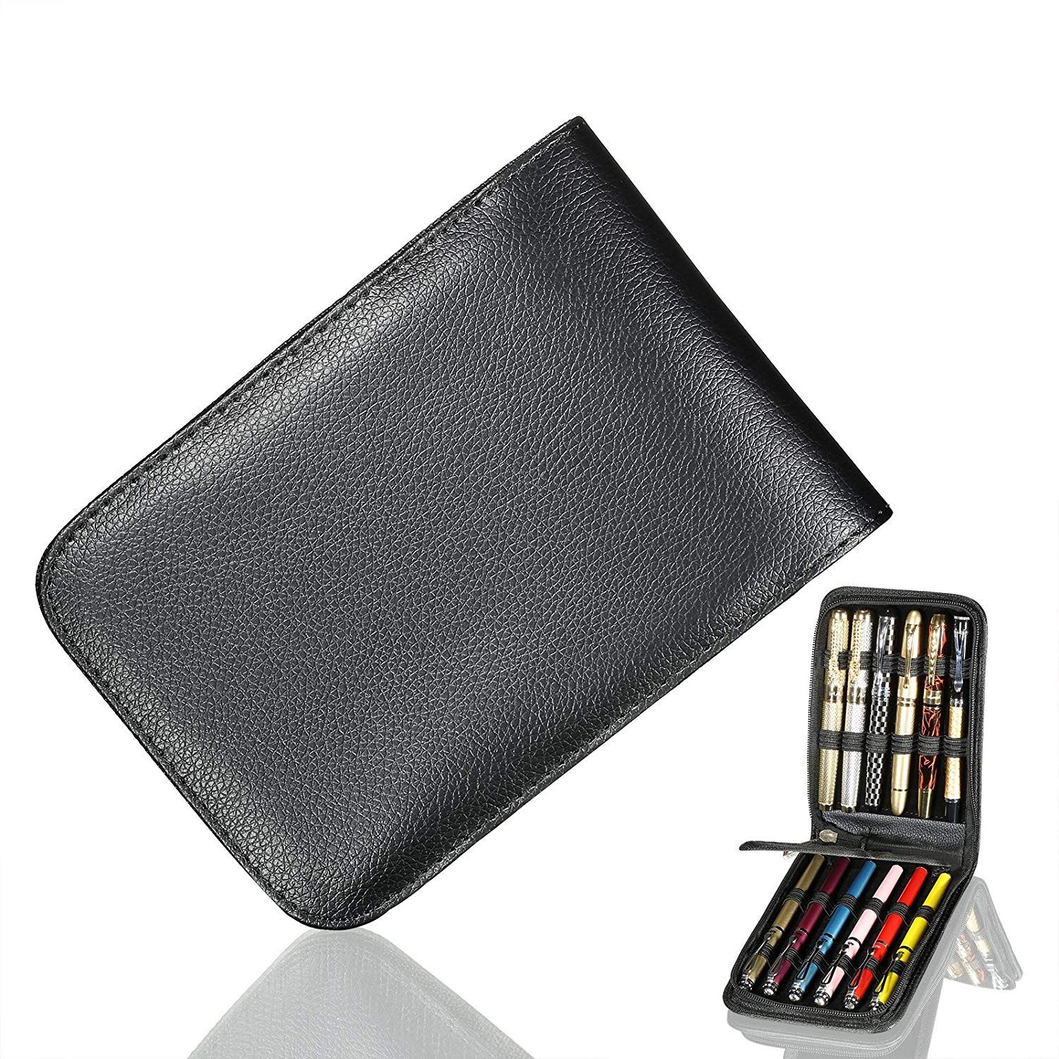Black Genuine Soft Leather 12 Pens Cases Holder Pouch Stationery New Brand