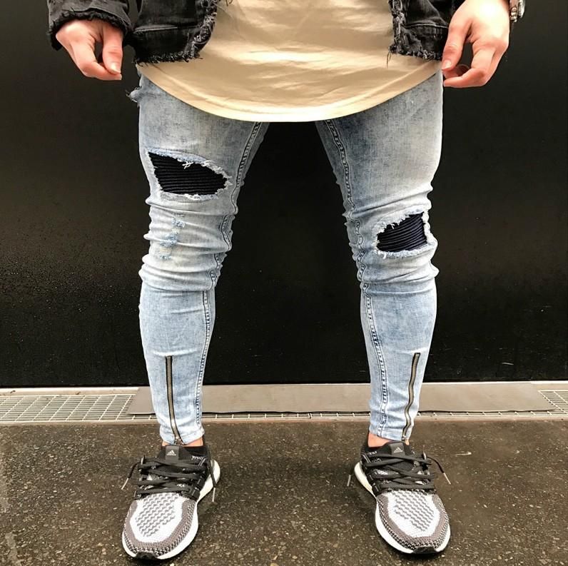 Acquistare Jeans Uomo Ginocchio Piegare Hole Disegno Della Chiusura Lampo  Elastico Lavato Retrò High Street Fashion Denim Pantaloni Strappati  Distressed Moto Pantaloni Economico | Consegna Veloce E Qualità | It.Dhgate