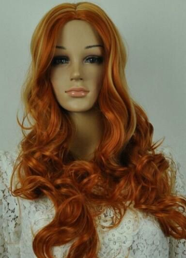 Blonde Dark Orange Mix Women Curly Bangs Cosplay Wig Long Hair