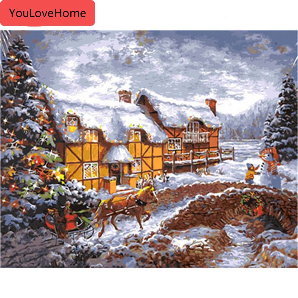 Winter Snow Landscape Drawing Canvas Picture DIY Paint Set by Numbers Kits Decor