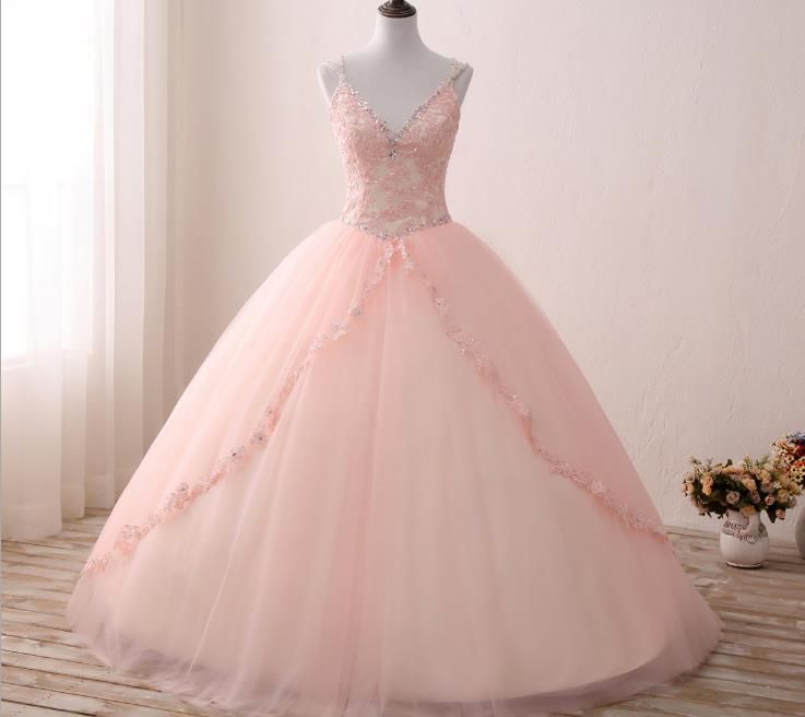 rosa vestido quinceañera vestidos encaje apliqueado cuello tul longitud dulce 16 vestidos 15