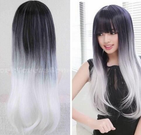 Envío libre negro con plata peluca blanca cabello largo recto Anime Cosplay peluca para las mujeres Envío libre negro con plata peluca blanca cabello largo recto Anime Cosplay peluca para las mujeres