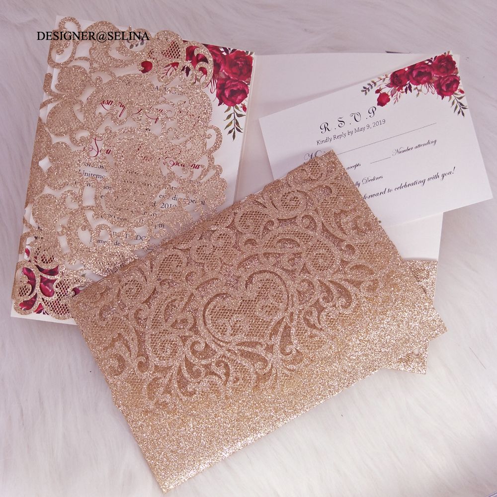 Rose Gold Laser Cut Pocket Wedding Invitation Card Diy Glitter