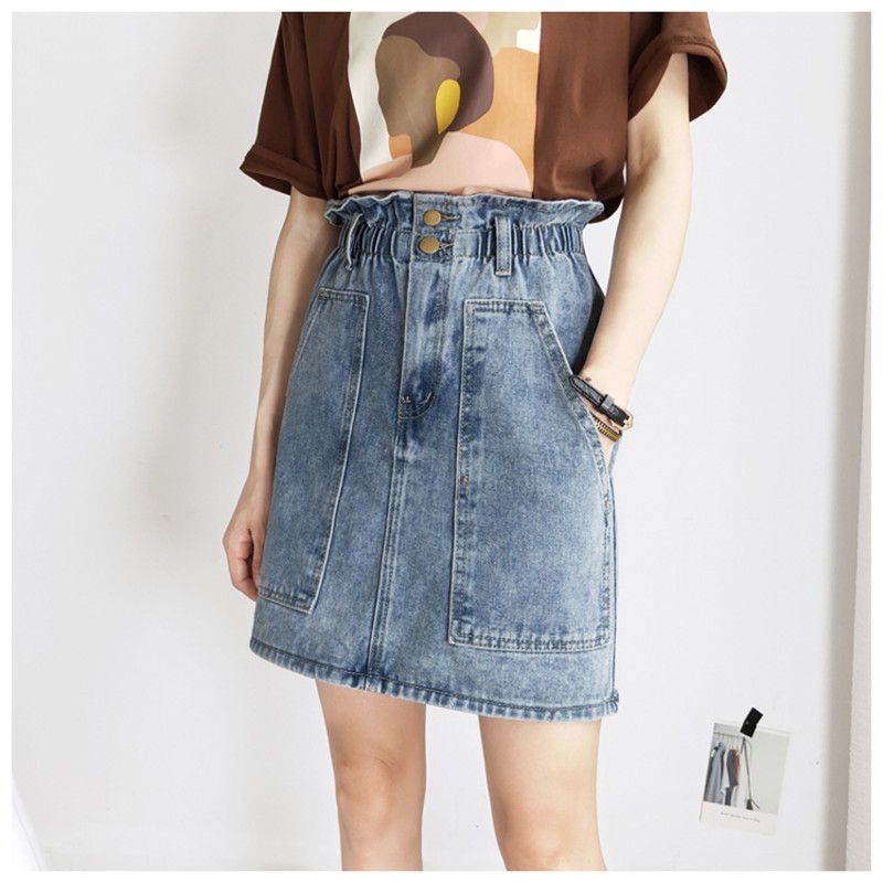 2020 Womens Designer Denim Skirts Fashion Short Elastic Waist Pockets