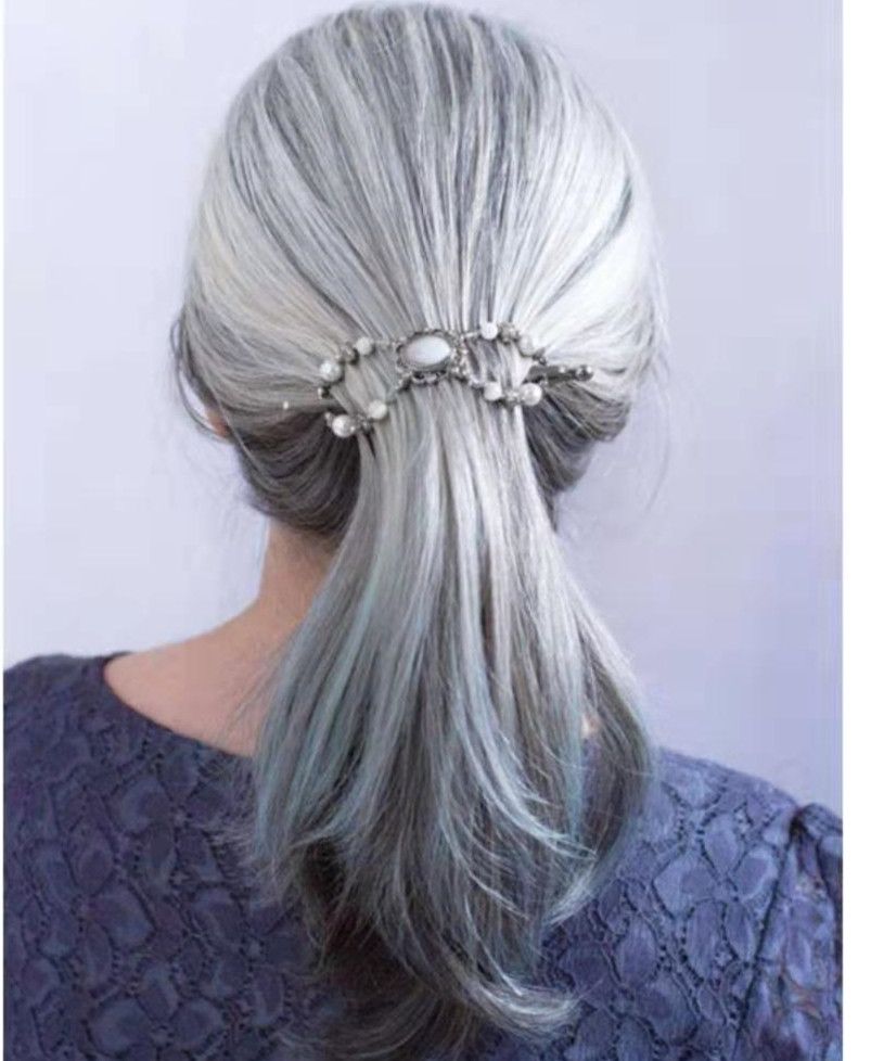 Silver Grey Human Hair Ponytail Hairpiece, Long Gray Dye Free Natural Hightlight Salt And Pepper