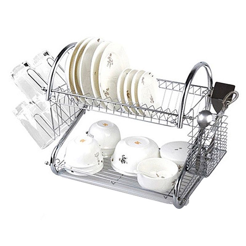 2020 S Shaped Dish Rack Set 2 Tier Chrome Stainless Plate Dish Cutlery