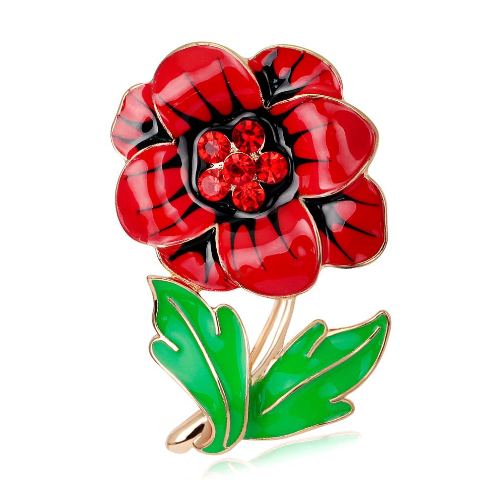 2019 Red Rhinestone Poppy Flower Pin Brooch Gold Silver Tone