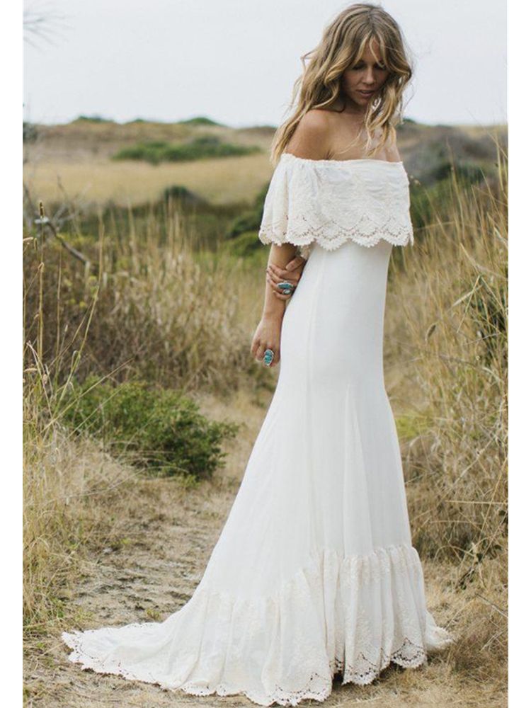Andybridal Womens Vintage Off Shouler Lace Long Beach Wedding Bohemian Dress