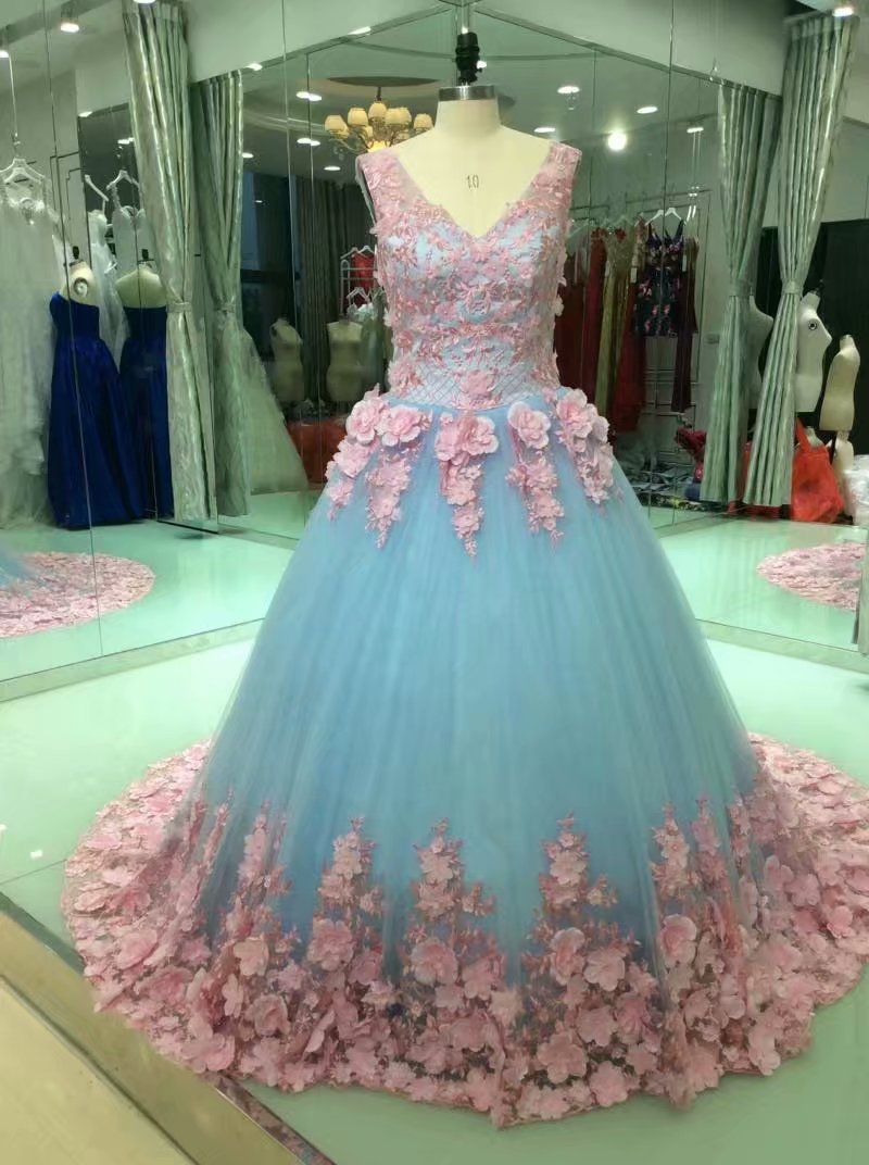 Fotos reales Vestido de quinceañera azul y rosa con rosas Dulce 16 Vestidos  Vestido de bola