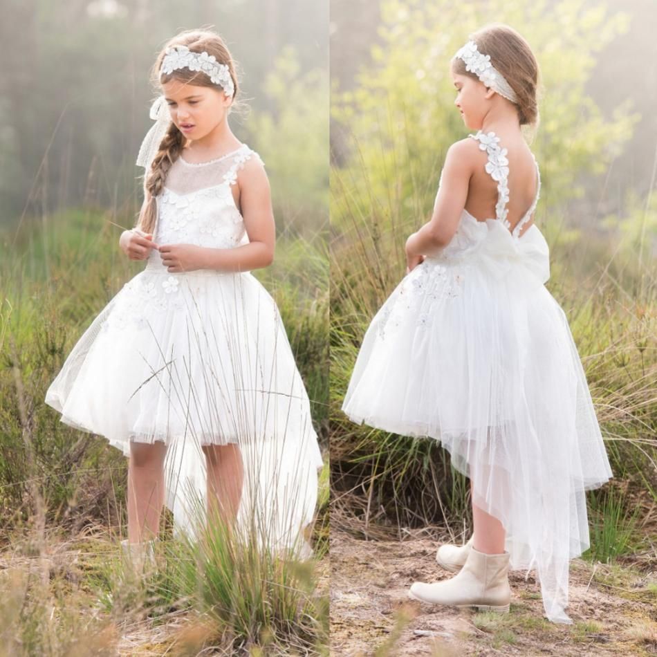 White Bohemian Flower Girls Dresses 2019 Jewel Neck Lace High Low Kids