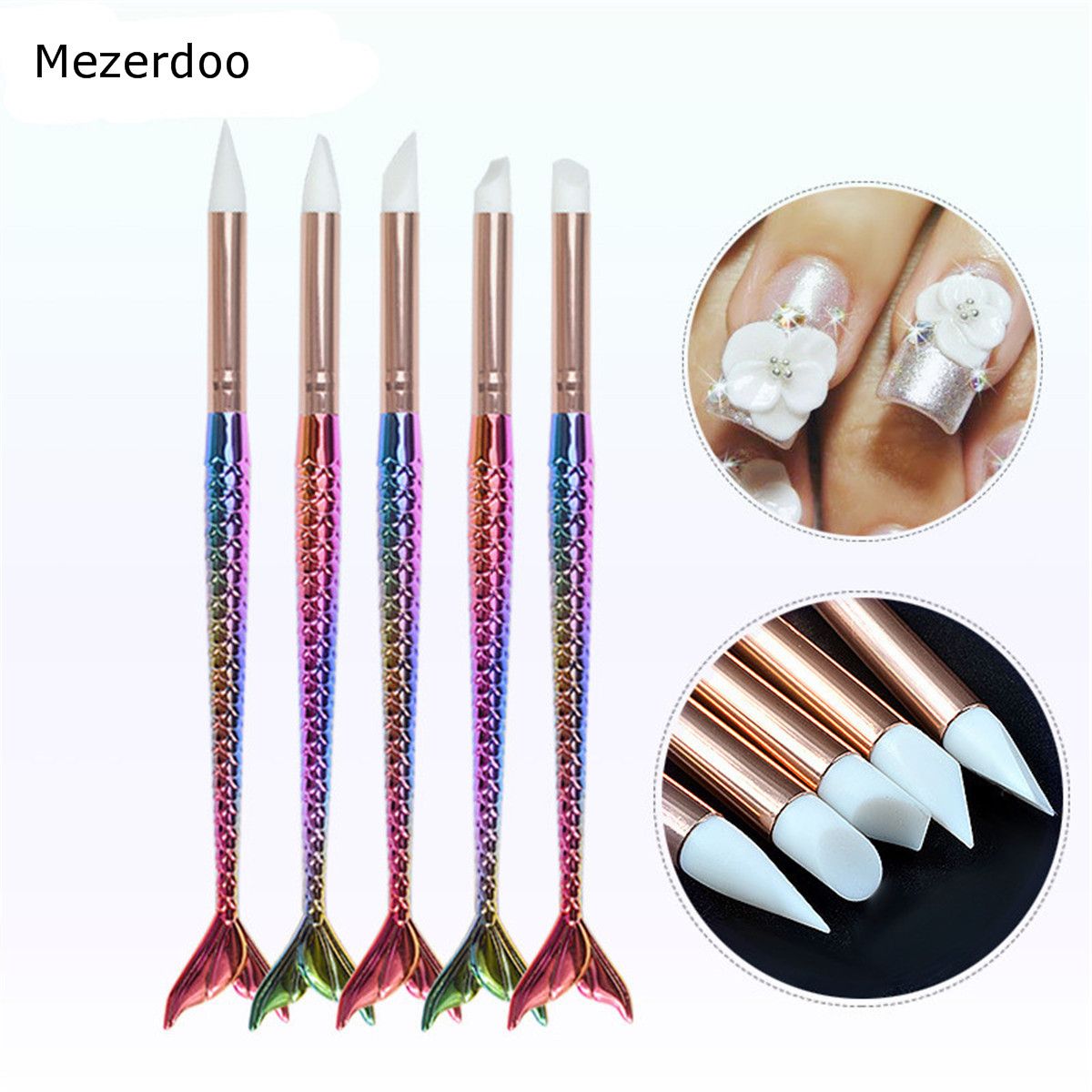 Silicone Nail Tool Brush Dotting Sculpture Painting Moulding Pen Carving  Craft Mermaid Nails Brushes Nail Art Decoration 5pc/lot