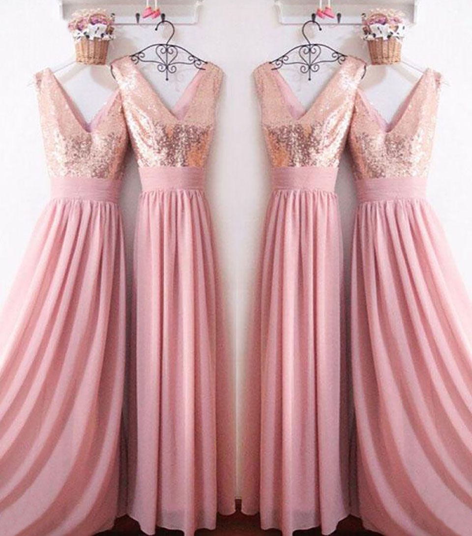 PINK Long Bridesmaid Dresses Rose Gold Sequins V Neck Floor Length