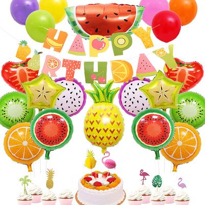 Grosshandel Fruit Themed Party Decorations Sommer Wassermelone Obst Zugfahne Vogel Ananas Wabenball Flagge Geburtstag Aluminiumfolie Ballon Set Von