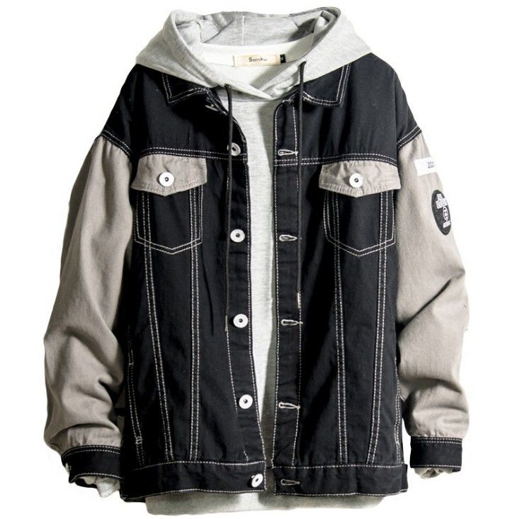 Autumn New Denim Jacket Men Fashion Wash Contrast Color Casual Hooded