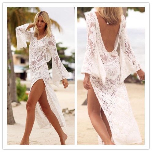 Compra Falda De Playa Sexy Vestido De Fiesta De Encaje De Manga Larga  Vestido Blanco Sexy Vestido De Noche De Corte Alto Vestidos De Fiesta  Vestidos De Playa De Fiesta De Noche