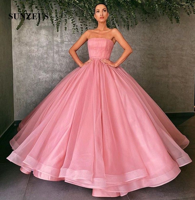 Pink Organza Evening Dresses Ball Gown Strapless Pleated Bodice Long Formal  Gowns Simple Elegant Women Party Dress