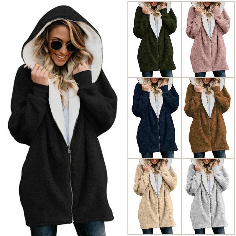 Plus Size Women Winter Warm Hooded Fleece Jacket Ladies Coats Cardigans Outwear