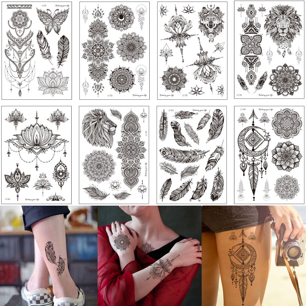 Sexy Tattoo Choker Indian Henna Lotus Flower Water Transfer Temporary Feather Butterfly Wolf Tattoo Sticker for Arm Hand Finger Body Jewelry Sexy Tattoo Choker Indian Henna Lotus Flower Water Transfer Temporary Feather Butterfly Wolf Tattoo Sticker for Arm Hand Finger Body Jewelry