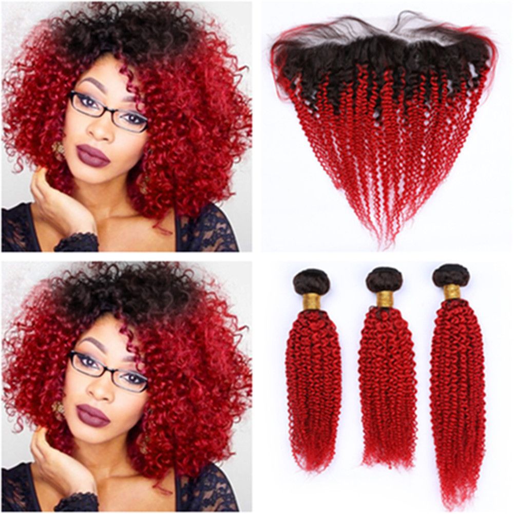 Bright Red Ombre Human Hair Lace Frontal Closure With 3bundles 1b