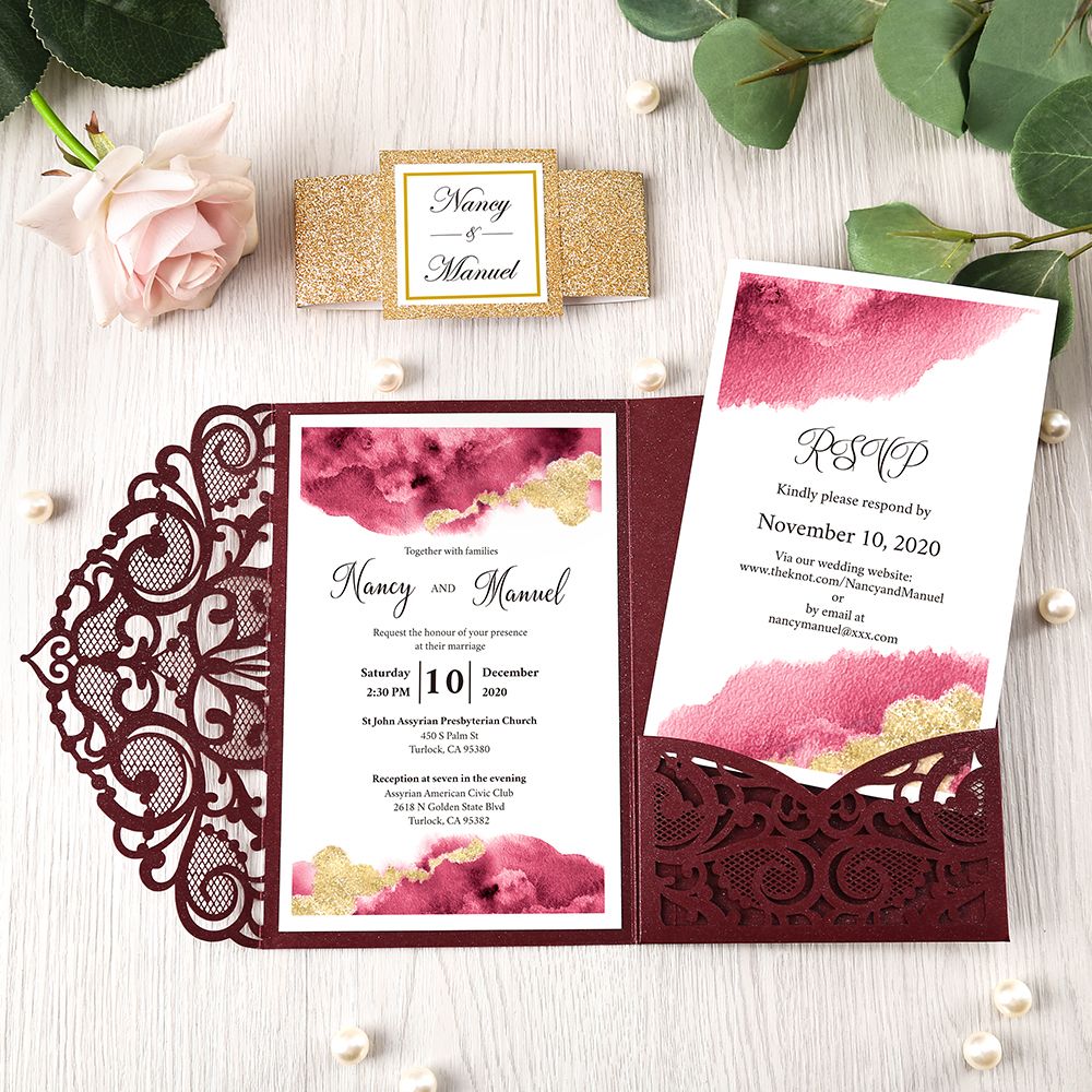 Marsala Wedding Invitations Burgundy Lace Laser Cut Bridal Shower